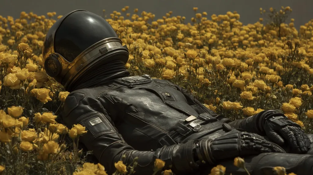 A lone astronaut, clad in a dark, leather-like spacesuit with a gold-rimmed helmet, rests peacefully amidst a vibrant field of bright yellow flowers.  The contrast between the dark suit and the sunny blossoms creates a striking and surreal image, suggesting a moment of solitude or contemplation in an alien landscape. The scene evokes a sense of quiet and wonder.