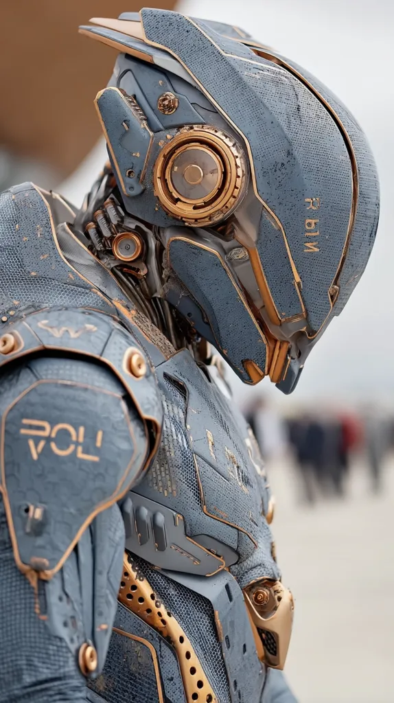 Close-up view of a futuristic robotic suit, predominantly gray with gold accents.  The helmet is sleek and angular, featuring intricate details and a weathered texture. The suit's surface displays a combination of smooth and textured panels, hinting at advanced technology.  The word "VOLT" is partially visible, possibly indicating a model name or designation. The overall aesthetic suggests a powerful and technologically advanced robotic unit.