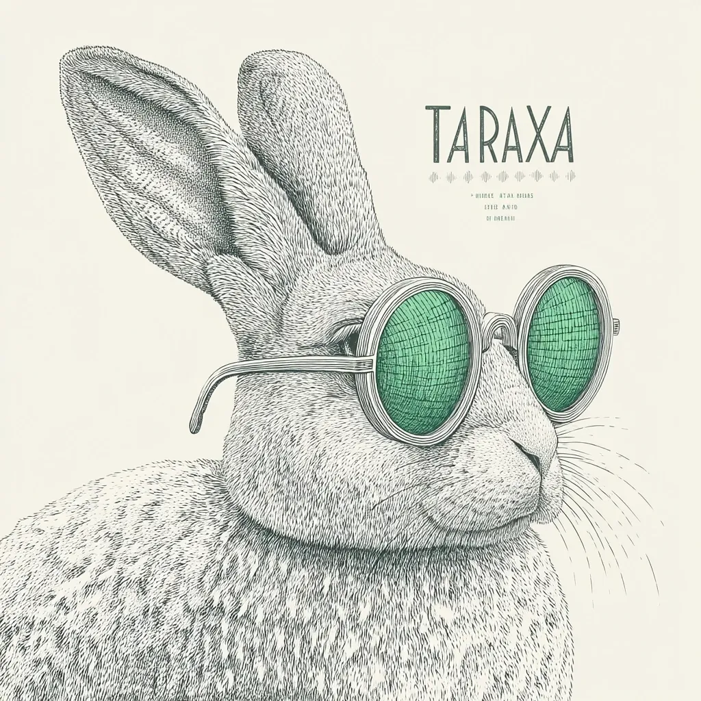 A detailed, hand-drawn illustration of a rabbit wearing round, teal-colored sunglasses. The rabbit's fur is meticulously rendered, showing individual hairs. The image is in a vintage style, with a cream-colored background and the word "TARAXA" prominently displayed above the rabbit.  The overall style is reminiscent of a vintage print or poster.
