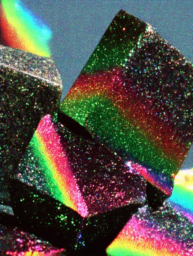 A close-up shot reveals a cluster of glittering, dark-hued crystals, their facets catching the light to create vibrant rainbow reflections.  The crystals are sharply angular, some cubic, others pyramidal, forming a visually striking composition.  The overall effect is one of intense color and dazzling sparkle, suggesting a highly reflective or iridescent surface.