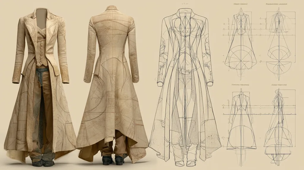 The image shows a beige coat designed with an asymmetrical hemline and a waistcoat underneath.  The coat is displayed from the front and back, showcasing intricate detailing and a pattern suggesting a tailored design.  Accompanying the images are detailed technical drawings illustrating the garment's construction and pattern pieces, providing a comprehensive view of the design process.