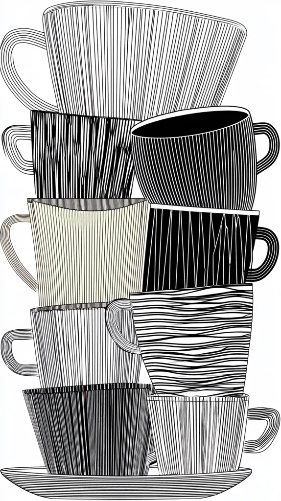 A stack of stylized coffee cups and saucers, rendered in black and white line art.  The cups vary in size and pattern, with vertical and horizontal stripes creating a visually interesting texture.  They are stacked precariously, creating a dynamic and slightly chaotic composition.  The overall style is graphic and modern.