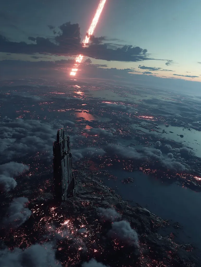 A fiery meteor streaks across a twilight sky, its trail illuminating a vast, sprawling cityscape below. A towering, dark structure stands prominently amidst the city, its design appearing futuristic and monolithic.  The scene is a dramatic blend of cosmic event and urban landscape, hinting at a possible apocalyptic or science fiction narrative.  The overall atmosphere is dark, yet the meteor's glow provides a stark contrast.