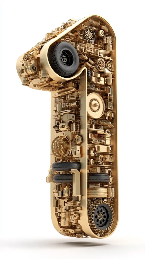 A gold-colored number one is depicted, intricately designed as if constructed from numerous mechanical components.  The internal workings are visible, revealing a complex arrangement of gears, wheels, and engine parts, creating a three-dimensional, highly detailed representation of a number formed from vehicle machinery. The image showcases a blend of mechanical engineering and artistic design.