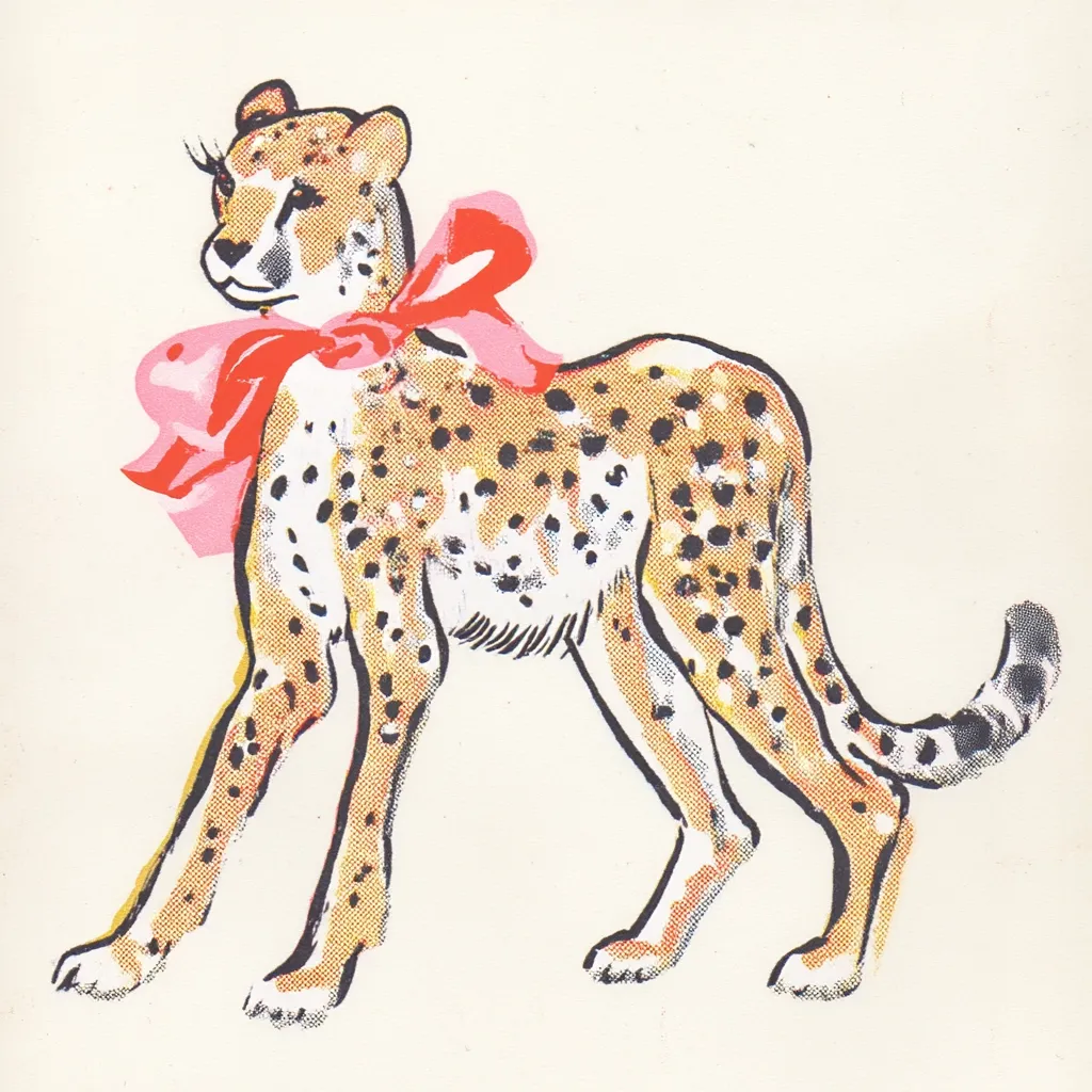 A stylized illustration of a cheetah adorned with a large pink bow around its neck. The cheetah is depicted in a standing position, showcasing its spotted coat and slender physique. The artistic style is reminiscent of vintage children's book illustrations, with bold outlines and flat color application. The image is simple yet charming, emphasizing the cheetah's grace and playful nature.