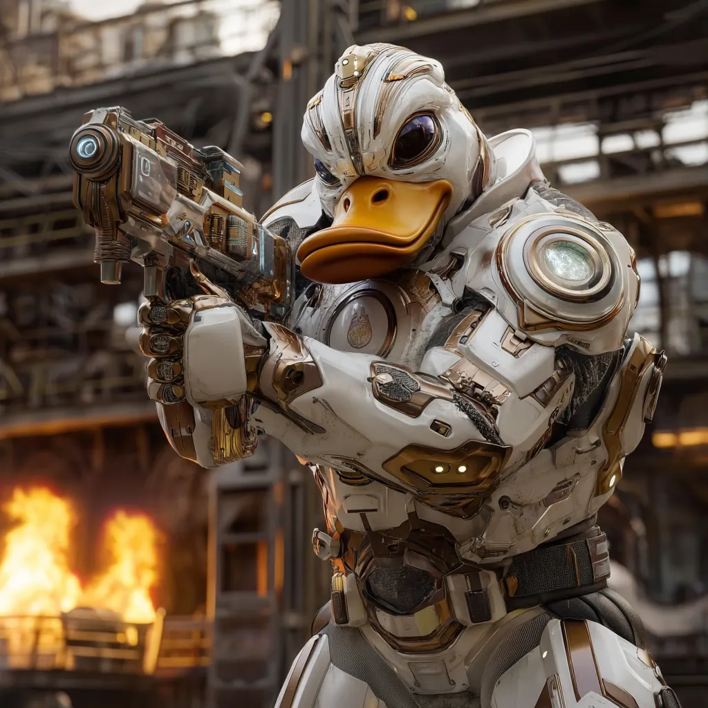 A duck-headed robot, clad in white and gold futuristic armor, aims a sophisticated firearm.  The robot stands before a fiery industrial backdrop, suggesting a post-apocalyptic or war-torn setting.  The image's contrast between the comical duck head and the serious weaponry creates a striking visual juxtaposition.