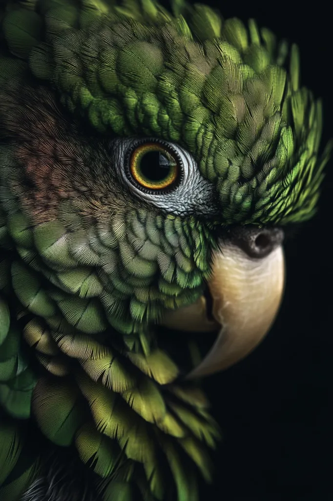 A close-up portrait of a vibrant green parrot, its feathers meticulously detailed.  The bird's eye, a striking yellow and black, is intensely focused.  The dark background accentuates the parrot's plumage, highlighting the rich, textured greens and subtle hints of brown.  The image captures a sense of both power and stillness.