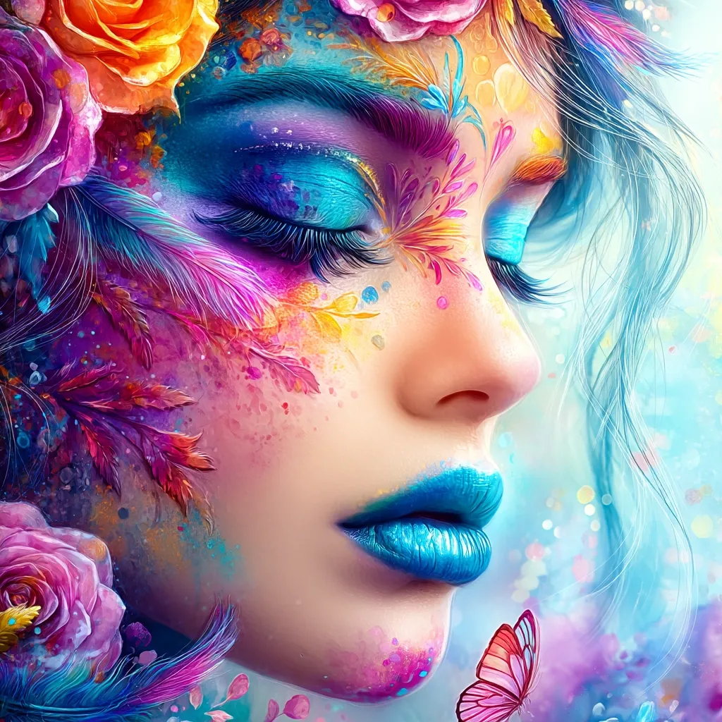 A vibrant digital painting depicts a woman's face adorned with colorful makeup resembling flowers and feathers.  Her eyes are closed, and her lips are a striking blue.  Bright pink, orange, and purple roses frame her face, adding to the overall fantastical and whimsical aesthetic. A small pink butterfly rests near her lips, completing the dreamy, ethereal scene.