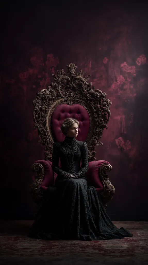 A young woman in a long, black lace gown sits regally on an ornate, dark-wood throne with a deep crimson velvet cushion.  The backdrop is a moody, dark crimson with subtle textural variations.  The overall atmosphere is dramatic and evokes a sense of gothic elegance and mystery.  The woman's posture is poised and her gaze is directed slightly away from the viewer, adding to the enigmatic quality of the image.