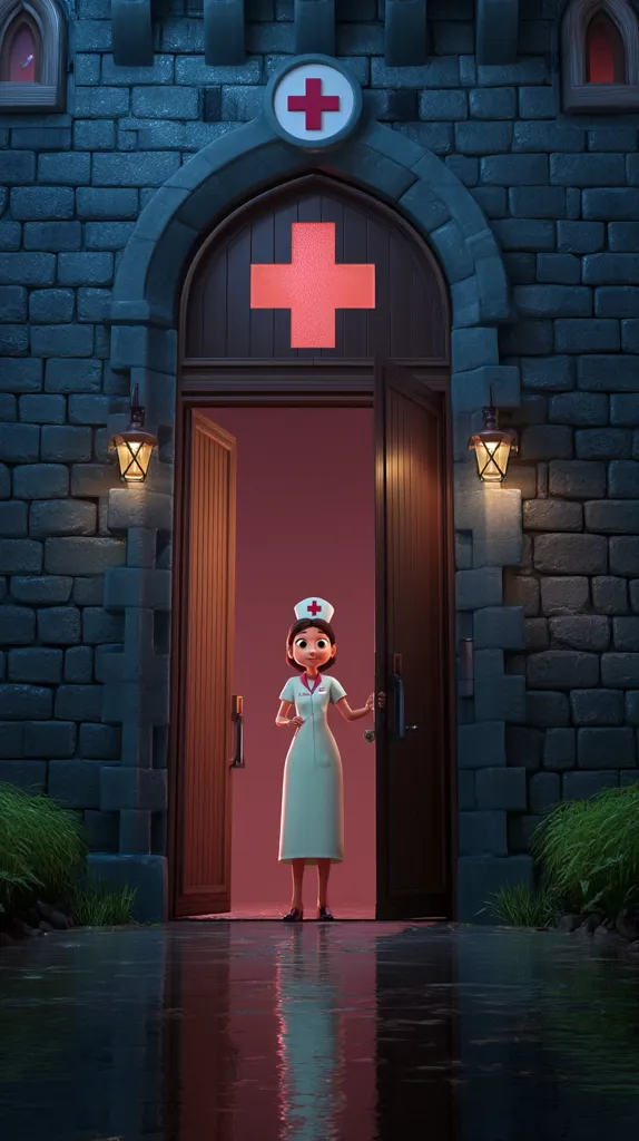 A cartoon nurse stands in the doorway of a stone building at night.  The building has a large wooden door with a red cross emblem above it, both inside and outside.  The scene is dimly lit, with lanterns flanking the doorway, and the ground is slightly flooded. The nurse is wearing a white uniform and cap.  The overall style is reminiscent of animation.