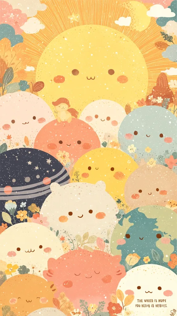 A cheerful illustration features a smiling sun radiating warmth over a cluster of adorable, pastel-colored, round characters.  They are adorned with simple facial features and surrounded by blooming flowers.  The overall aesthetic is soft, whimsical, and evokes feelings of happiness and peace. A small message at the bottom reads, "The world is hope, you hello to heroes."