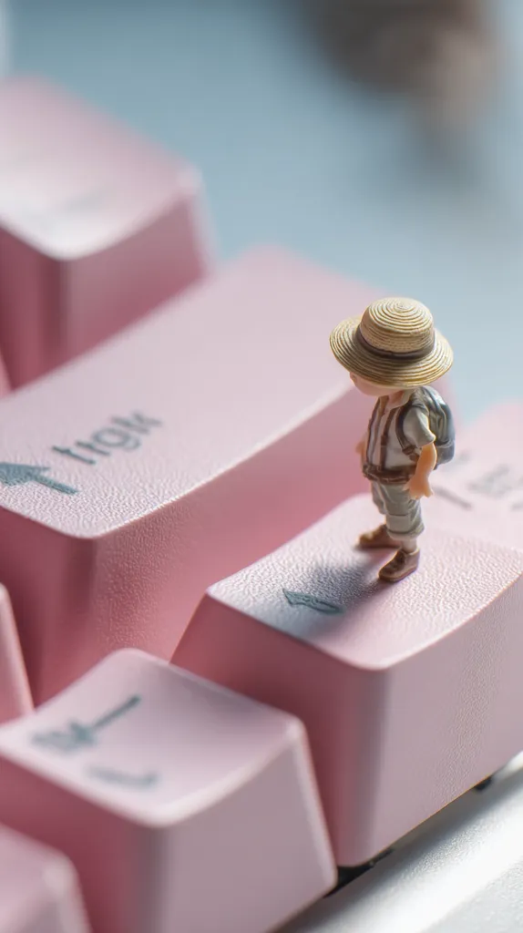 A miniature figurine of a child wearing a straw hat and backpack stands atop a pink keyboard key.  The keyboard features large, rounded keys with subtle text. The scene suggests a playful contrast between the small figure and the larger object, creating a whimsical and slightly surreal image.  The focus is sharp on the figure and the immediate key, with the background softly blurred.
