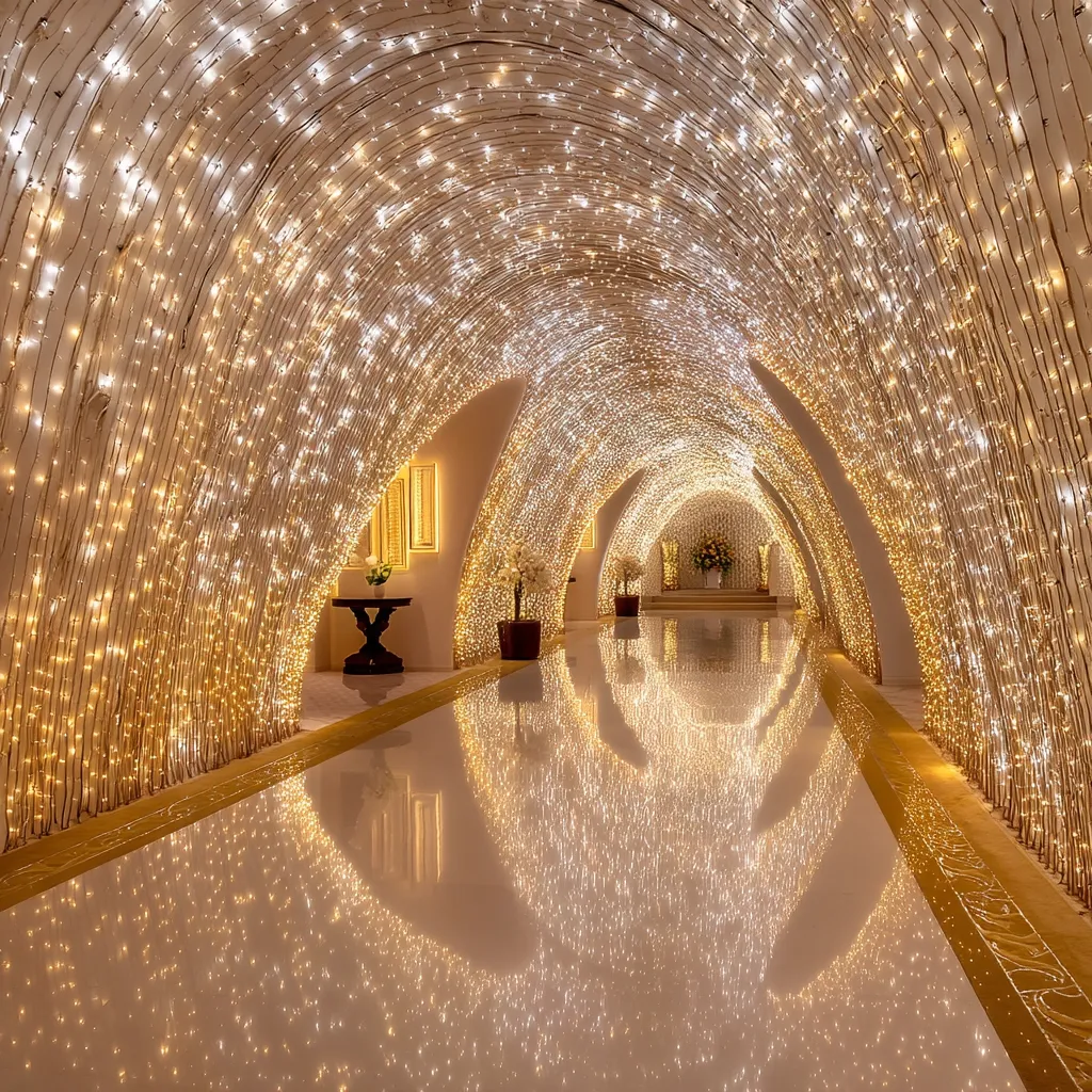 A long hallway, adorned with arched ceilings draped in warm, white string lights, creates a magical, glittering tunnel. The polished floor reflects the dazzling lights, enhancing the enchanting ambiance.  Small potted plants add a touch of nature to the luxurious space. The overall effect is one of breathtaking beauty and refined elegance.