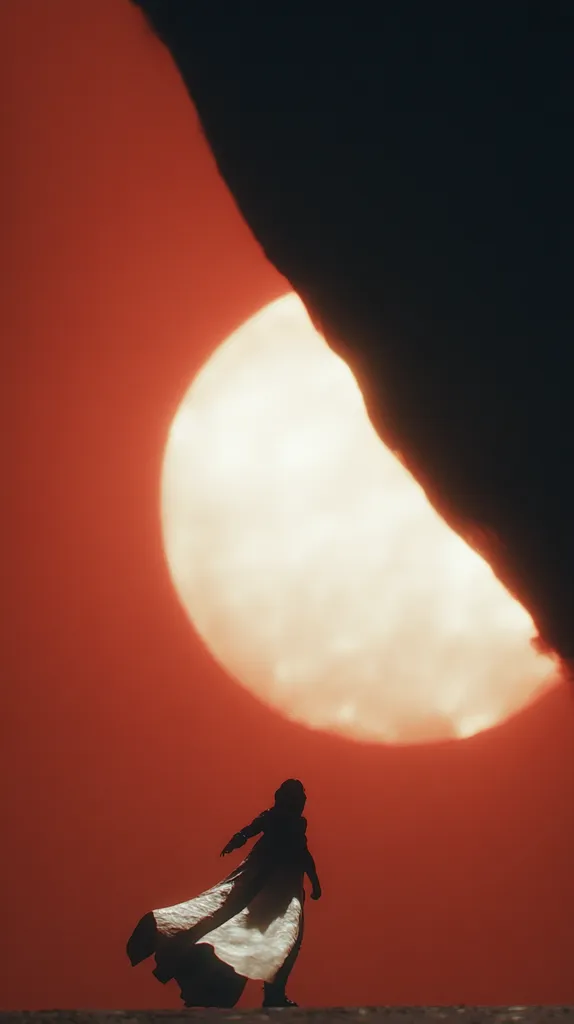 A silhouetted figure, cloaked and standing, gazes towards a massive, partially obscured sun or moon. The celestial body dominates the reddish-hued sky, its light casting a warm glow.  A dark, rocky outcrop partially covers the orb, creating a dramatic composition. The overall mood is one of mystery and solitude against a vibrant, apocalyptic backdrop.