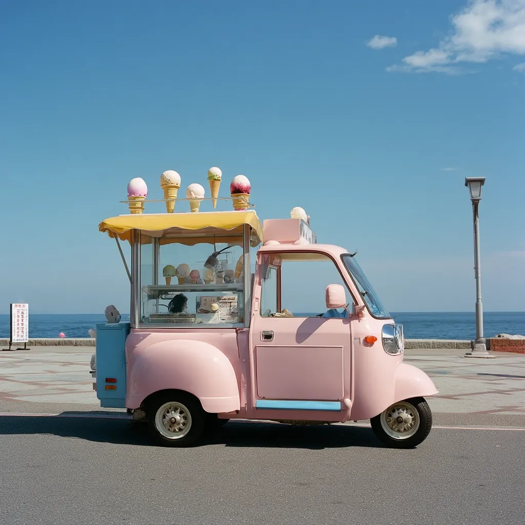A pastel pink ice cream truck, adorned with ice cream cones on top, sits parked by the ocean.  The truck is small and charming, with a display case showing various ice cream flavors. The bright blue sky and calm sea create a cheerful, summery backdrop. The overall scene evokes a feeling of carefree joy and nostalgic sweetness.