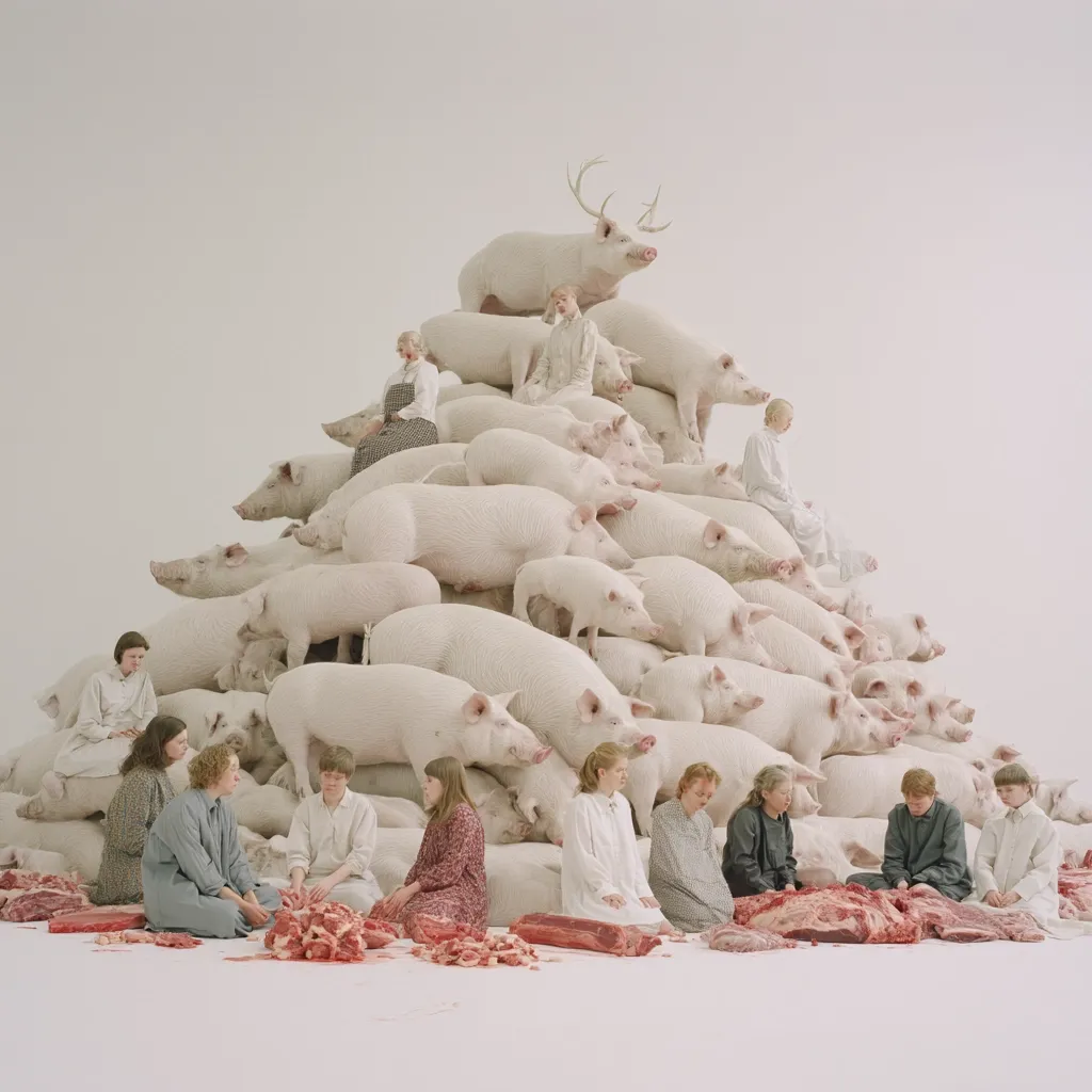 A large pile of white pigs forms a pyramid, with several people, both men and women, seated around its base.  People are also positioned atop the pig pile.  The individuals are dressed in light-colored clothing.  In the foreground, pieces of raw meat are scattered, suggesting a juxtaposition of life and death, or the source of the meat. The overall scene is surreal and unsettling.
