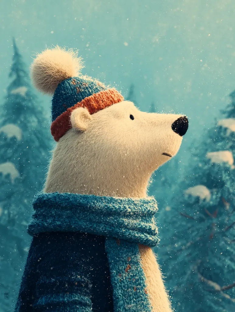 A polar bear, bundled in a cozy blue scarf and knitted hat with a fluffy pom-pom, stands amidst a softly falling snow.  The background features snow-dusted evergreen trees, creating a serene winter scene. The bear's expression is calm and contemplative, gazing towards a slightly brighter area in the distance.  The image evokes a feeling of quiet warmth and winter tranquility.
