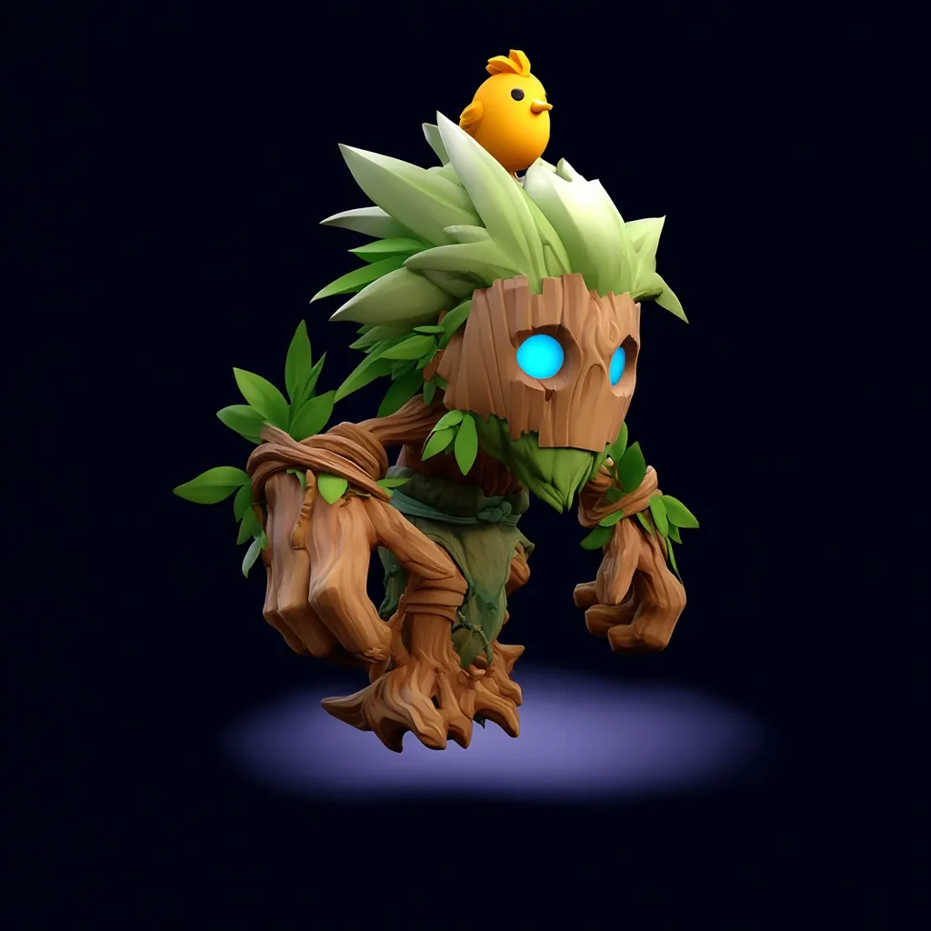 A charming 3D-rendered creature, resembling a small tree-like humanoid with a wooden mask-like face and glowing blue eyes.  Its body is textured like wood, adorned with leaves and vines.  A small, yellow bird perches atop its leafy head.  The creature appears friendly yet slightly mischievous, possibly a character from a fantasy game or animation.  It's presented against a dark background, highlighting its detailed features.