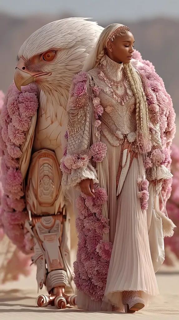 A woman in a flowing, blush-toned gown adorned with delicate pink floral accents walks alongside a majestic, mechanical bird. The bird, resembling a hawk or eagle, is similarly decorated with flowers.  The scene is set in a desert landscape, enhancing the ethereal and otherworldly quality of the image. The woman's long blonde braids and elegant jewelry complete the fantastical look.