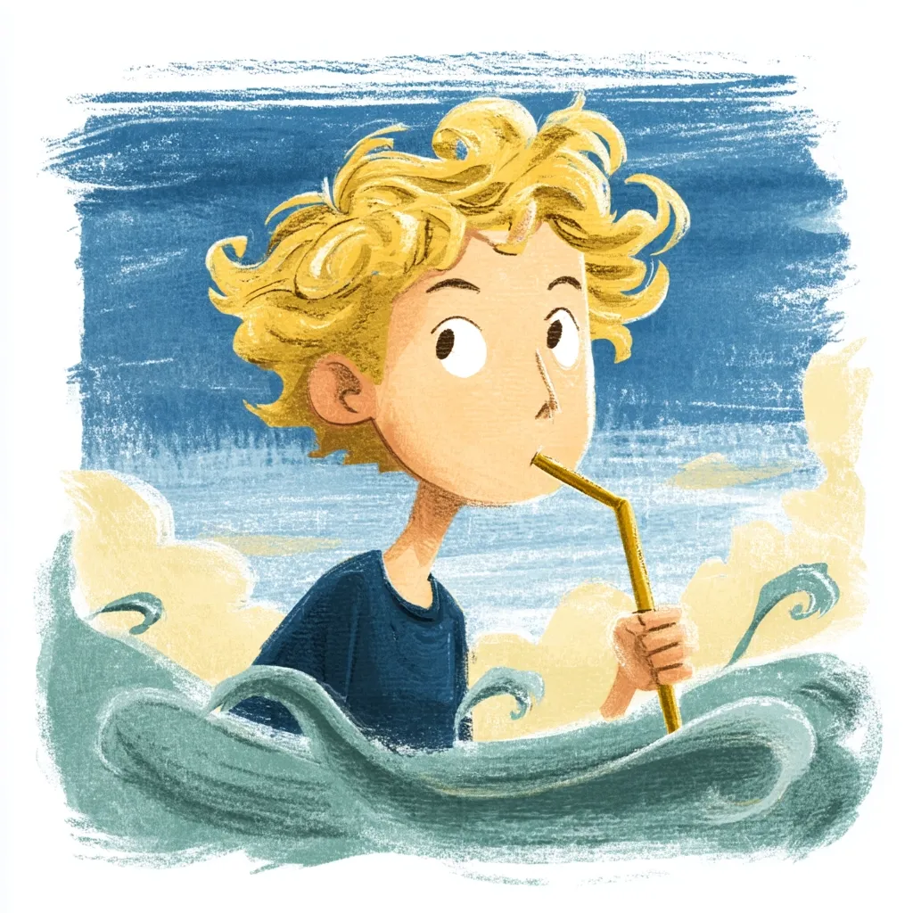 A whimsical illustration depicts a boy with blond, curly hair, submerged up to his chest in stylized teal ocean waves. He's wearing a dark blue shirt and holds a golden straw to his lips, seemingly drinking from the sea. The background is a textured blue sky with fluffy clouds, creating a dreamy, playful atmosphere.  The style is childlike and charming, suggesting a storybook setting.