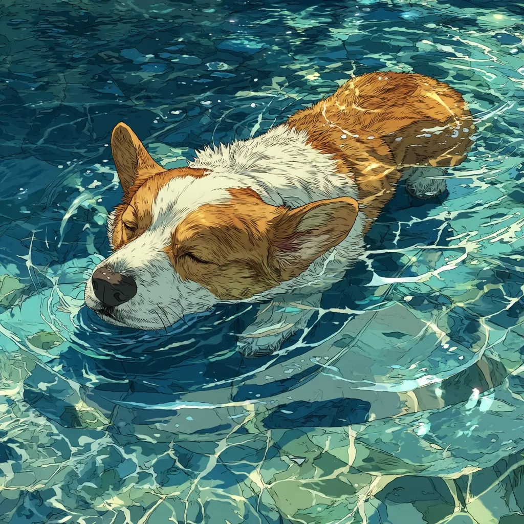 A charming illustration depicts a corgi dog partially submerged in a refreshing pool of water.  The dog's eyes are closed, suggesting serenity and enjoyment.  The water is vividly detailed, showing ripples and reflections, enhancing the tranquil summer scene. The artistic style is detailed and slightly stylized, with a focus on capturing the dog's peaceful expression and the textures of both fur and water.
