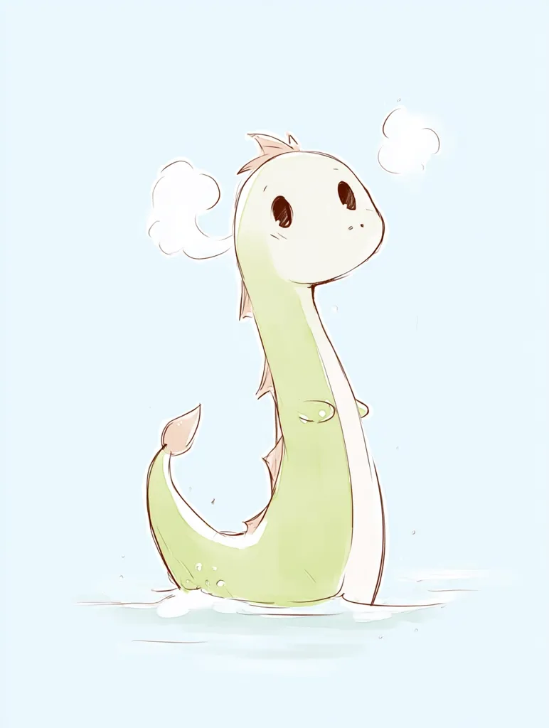 A charming illustration depicts a light green, cartoonish plesiosaur emerging from pale blue water.  Its large, expressive eyes and small, spiky dorsal fin add to its adorable appeal.  Small, wispy clouds suggest gentle exhalation, enhancing the whimsical nature of the piece. The style is soft and delicate, with a light color palette.