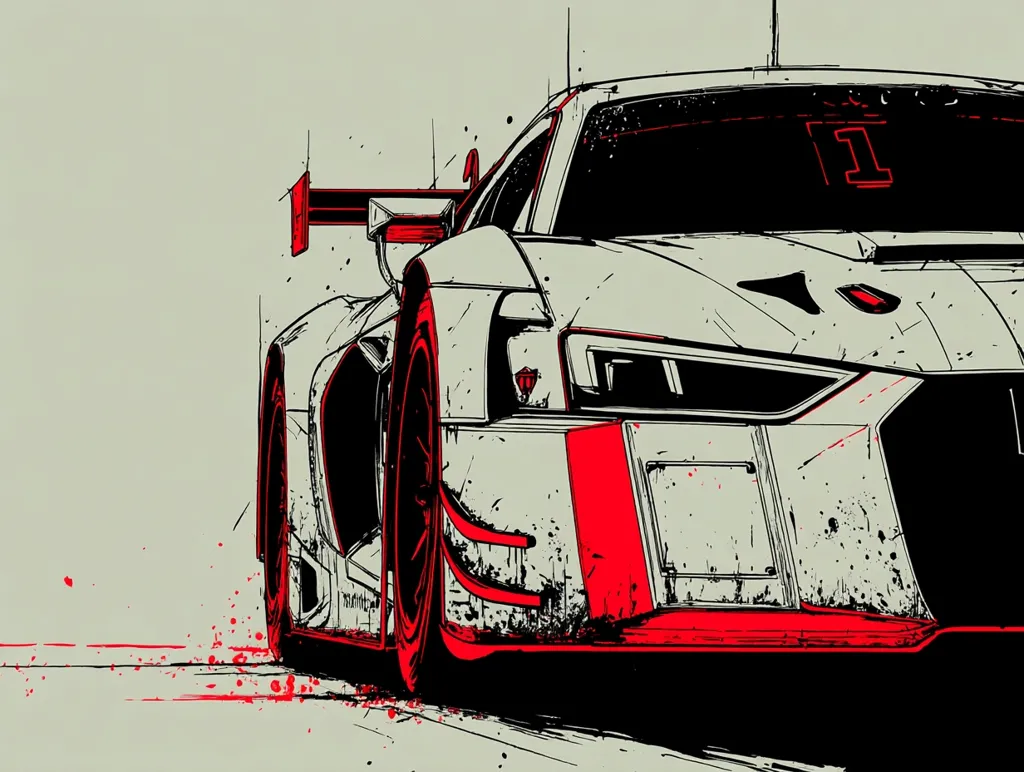 A stylized illustration depicts the front end of a racing car, number one prominently displayed on the windshield.  The predominantly white car features bold red accents, suggesting speed and power.  The artistic style uses a combination of sharp lines and grunge textures, creating a dynamic and gritty aesthetic.  The overall effect is one of motion and intensity.