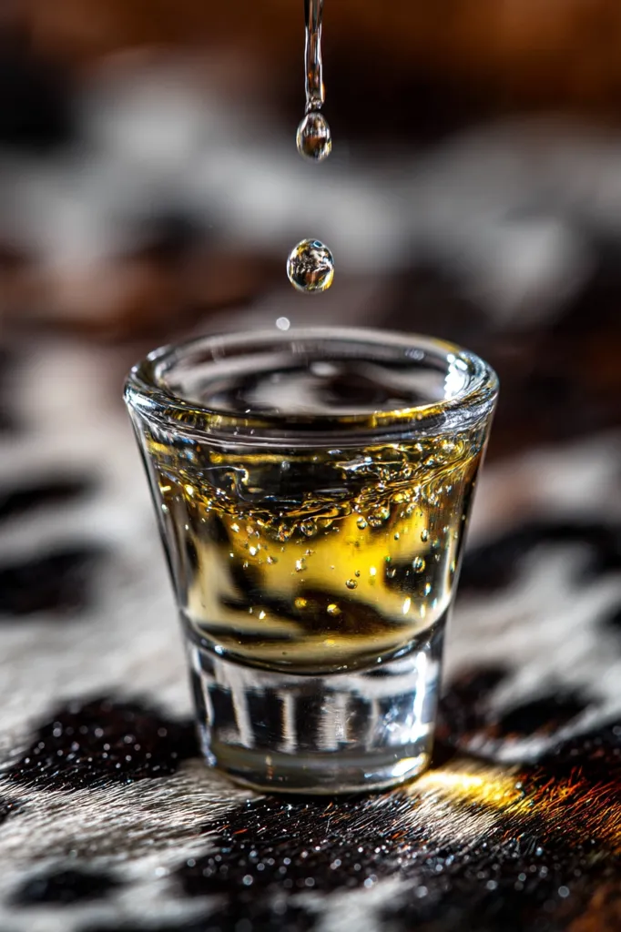 A close-up shot captures a golden liquid being poured into a small, clear glass.  Tiny air bubbles rise to the surface as the liquid fills the glass. The glass rests on a dark, textured surface with hints of light and shadow, creating a dramatic, visually appealing image.  The focus is sharp on the glass and the falling droplets, emphasizing the texture and movement of the liquid.