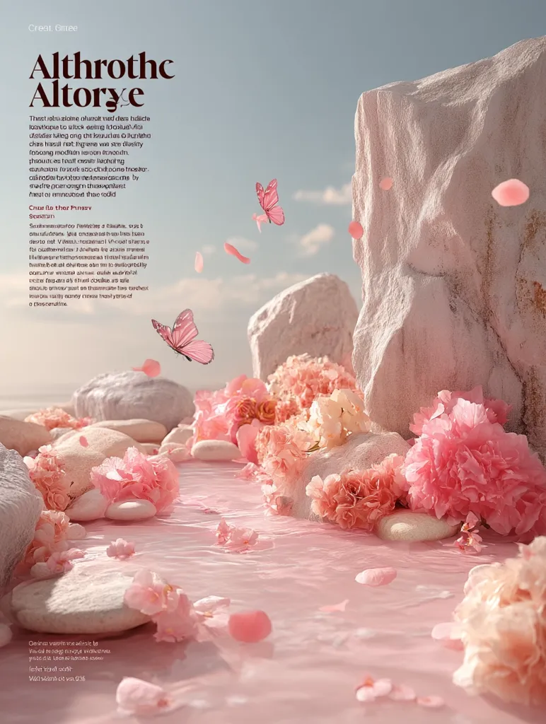A serene, pastel pink landscape features a flowing stream adorned with pink flowers and butterflies. Smooth, light-colored stones line the water's edge, creating a tranquil atmosphere. The scene is reminiscent of a dreamlike, ethereal setting, evoking feelings of peace and tranquility.  The text overlaid suggests a product or brand name, "Althrothe Altorve," possibly related to beauty or fragrance.