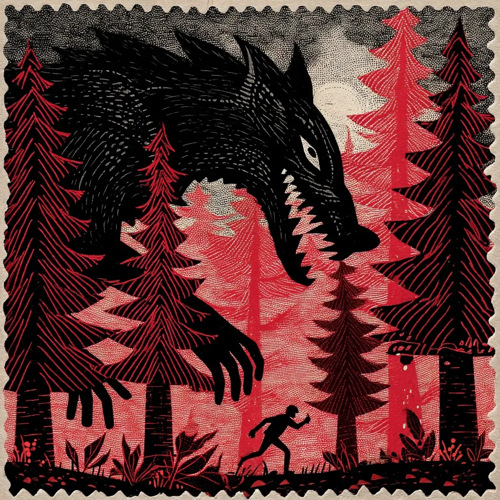 A menacing, oversized black wolf looms over a fleeing figure in a red forest.  The woodcut-style illustration features stark black and red tones, creating a dramatic and ominous atmosphere. The wolf's sharp teeth and large paws emphasize its threat, while the small human figure conveys a sense of vulnerability and impending danger. The image is framed like a postage stamp, adding to its vintage and slightly unsettling feel.