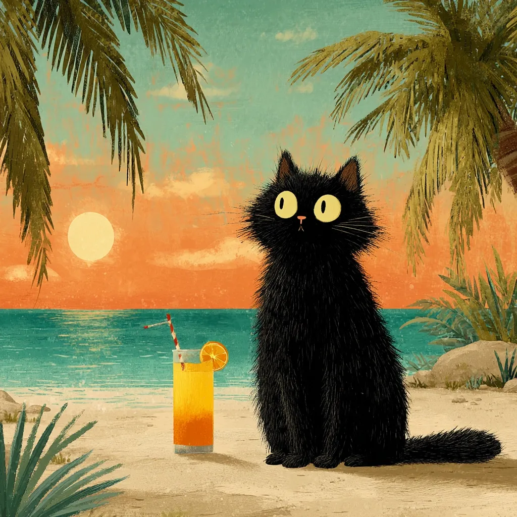 A fluffy black cat sits on a sandy beach at sunset, gazing towards the ocean.  Palm trees frame the scene under a vibrant orange and pink sky.  A glass of orange juice with a straw and orange slice sits beside the cat, adding to the relaxed, tropical atmosphere. The overall style is whimsical and charming.