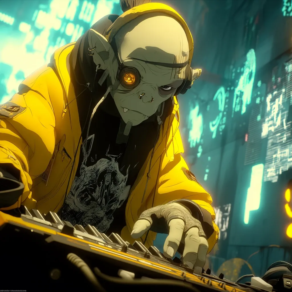 A stylized, goblin-like creature with a prosthetic eye and yellow jacket plays a keyboard in a futuristic, neon-lit cityscape.  The character's design blends fantasy and cyberpunk aesthetics.  The background features vibrant, glowing kanji and technological displays.  The overall scene is dynamic and suggestive of a vibrant, futuristic setting.