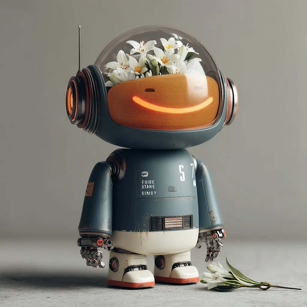 A charming, retro-style robot with a transparent dome head showcasing white lilies smiles gently.  Its weathered teal body and off-white lower section contrast with the orange glowing smile within its dome.  Small, detailed mechanical hands and feet add to its endearing character. A single fallen lily lies near its feet, enhancing the image's soft and whimsical mood.  The robot's design suggests a blend of vintage technology and modern aesthetics.