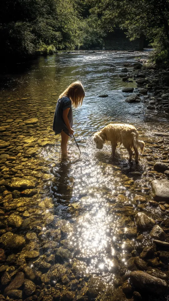 A young girl in a blue dress stands in a shallow, clear river, the sunlight sparkling on the water and rocks.  Her golden retriever dog is beside her, also in the water.  The river flows gently over smooth stones, framed by lush green trees and foliage along the banks.  The scene is peaceful and idyllic, capturing a moment of quiet connection between the child and her pet.