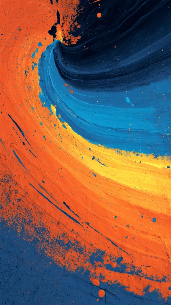 An abstract painting showcases a dynamic interplay of vibrant colors.  Swirling strokes of deep blue, bright orange, and golden yellow create a wave-like motion across the canvas.  The texture is rich, with visible brushstrokes and splatters adding depth and energy to the composition. The color transition is smooth, yet bold, resulting in a visually striking and energetic piece.