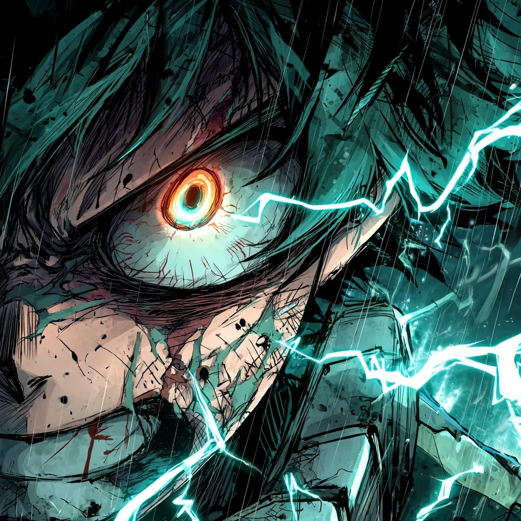 A close-up, stylized anime depiction of a character's face, possibly Izuku Midoriya from My Hero Academia.  The character's eye glows intensely, surrounded by teal lightning and rain.  Their face is heavily bruised and scarred, suggesting intense battle. The art style is gritty and dramatic, emphasizing the character's raw power and determination.
