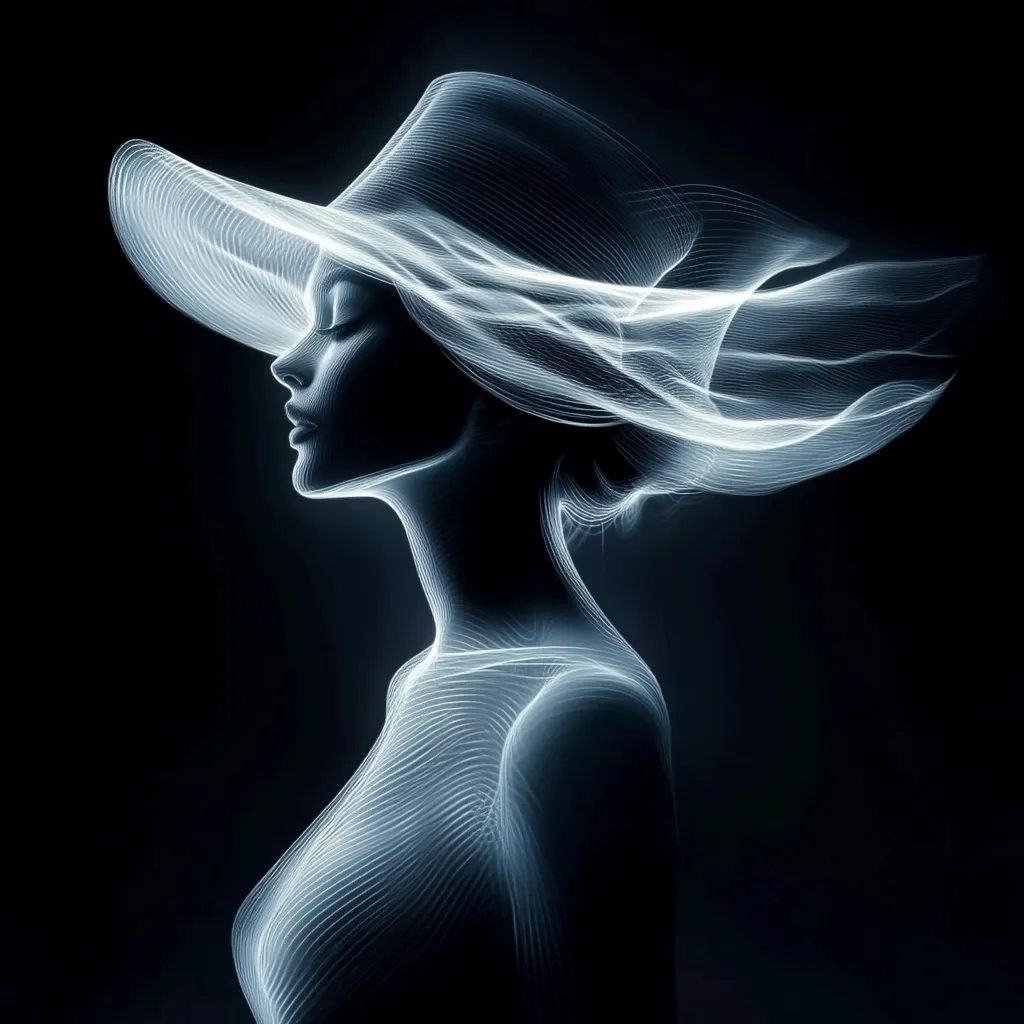 A stylized digital portrait of a woman wearing a large, flowing hat.  The image is rendered in a translucent, wireframe style, giving the subject an ethereal, almost ghostly appearance against a dark background.  The lines of the hat and the woman's body intertwine, creating a sense of movement and grace. The overall effect is elegant and mysterious.