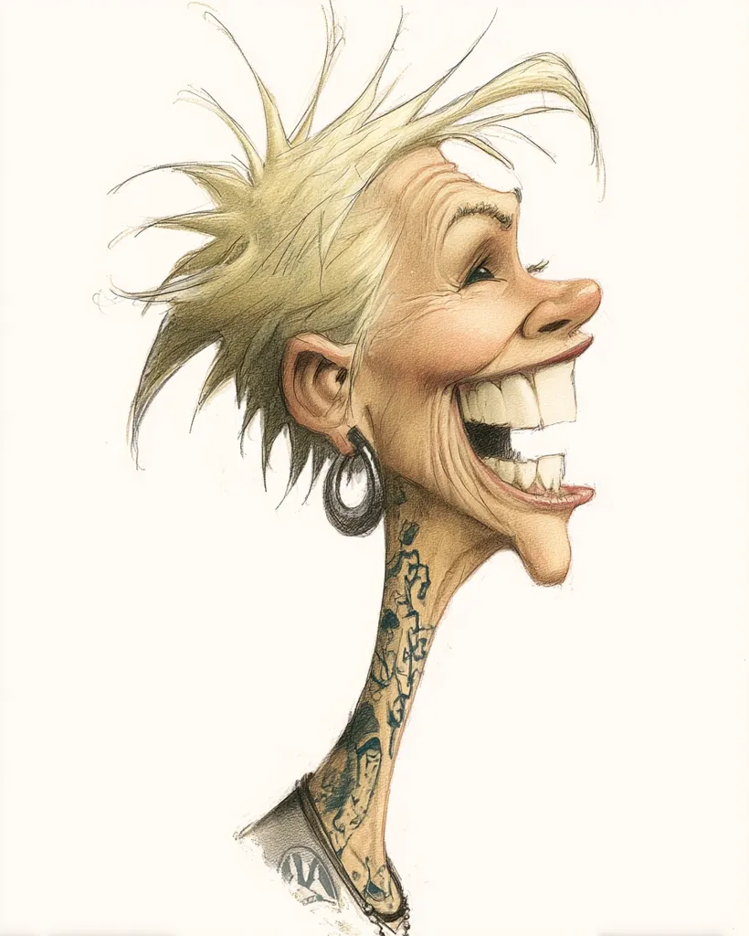 A caricature of an elderly woman with a punk rock hairstyle, large hoop earrings, and numerous tattoos adorning her neck.  Her expression is one of exaggerated joy, her mouth wide open in a boisterous laugh. The style is expressive and slightly distorted, emphasizing her unconventional appearance and vibrant personality. The drawing is done in shades of brown and beige, creating a textured effect.