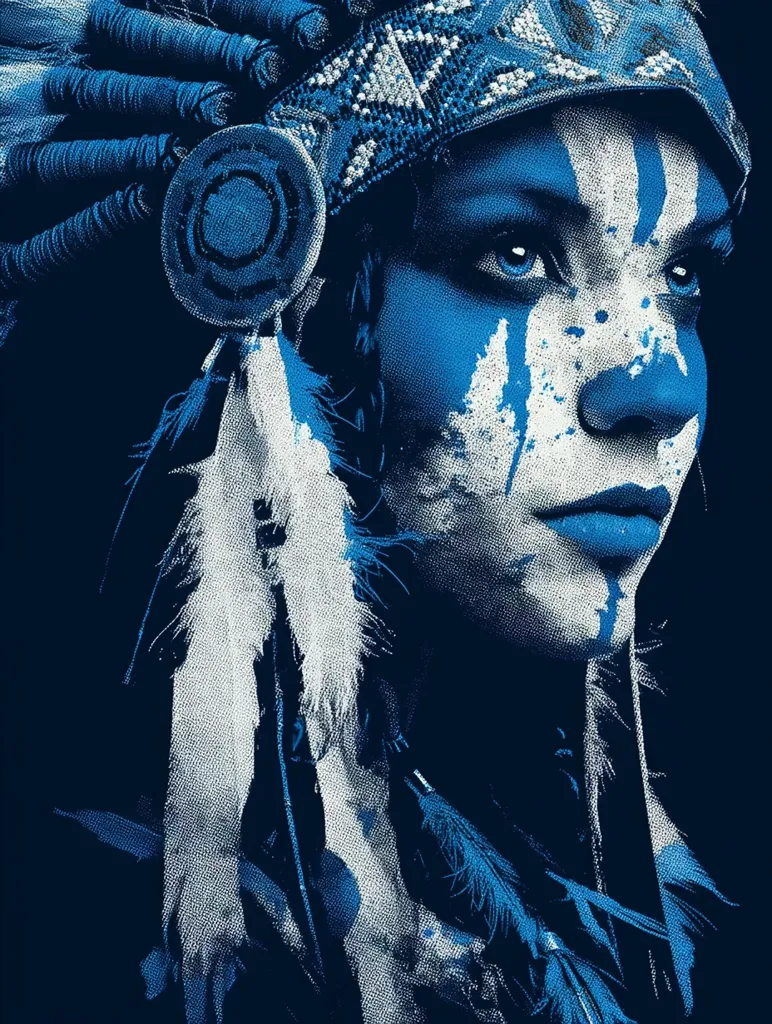 A stylized portrait of a Native American woman.  She wears a beaded headdress and traditional attire, her face painted in shades of blue and white.  The image is rendered in a monochromatic blue palette with a textured, almost pointillist effect, giving it a graphic novel feel.  Her gaze is direct and intense, conveying strength and resilience.  The overall mood is one of power and cultural pride.