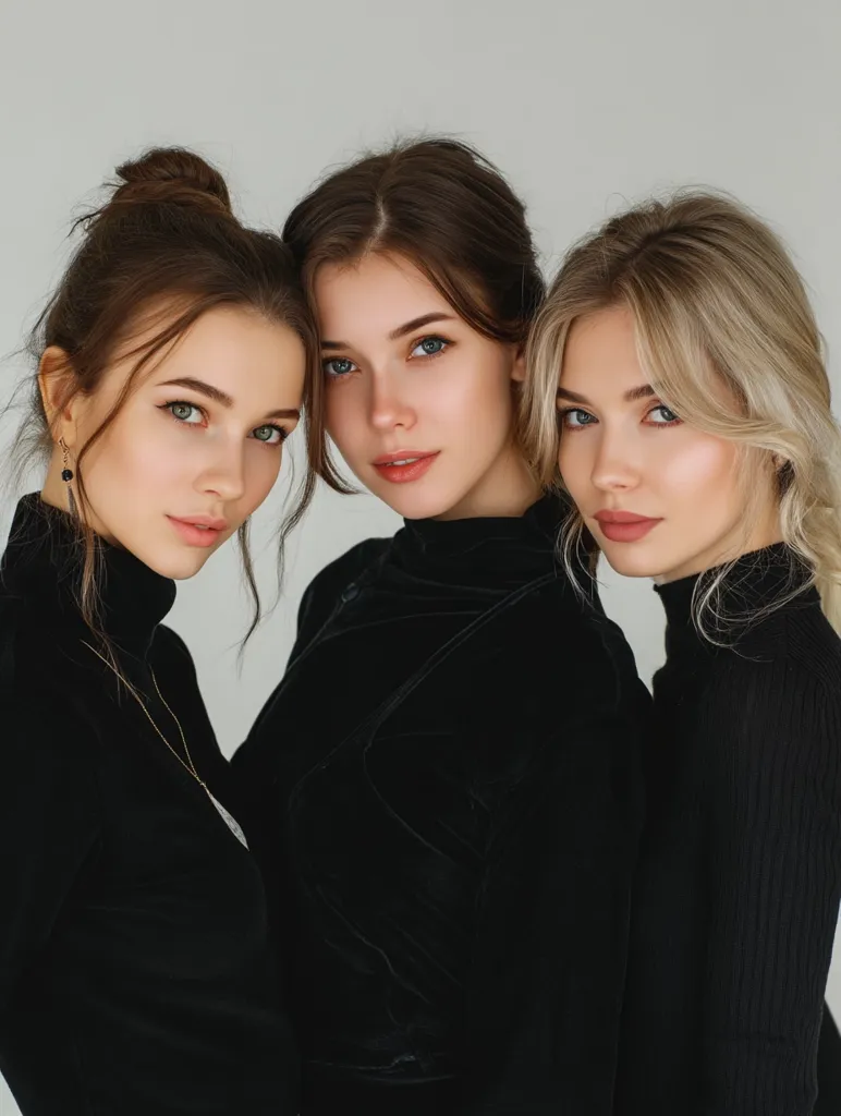 Three young women with flawless makeup stand close together, their heads tilted slightly.  They wear black turtlenecks; one's is a velvet material.  Their hair is styled differently—a high bun, a low bun, and loose waves.  The image is set against a plain light grey background, highlighting their features and the texture of their clothing.  The overall aesthetic is chic and sophisticated.