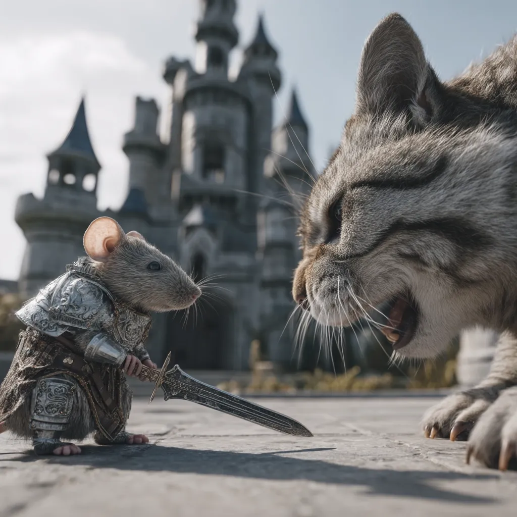 A tiny mouse, clad in miniature silver armor, bravely wields a sword, facing off against a large, aggressive cat.  A majestic stone castle forms a dramatic backdrop to this unlikely duel. The contrast in size and the fierce expressions of both animals create a compelling scene of David versus Goliath proportions.