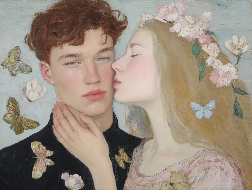 A romantic painting depicts a young woman with a floral crown kissing the neck of a young man.  Butterflies flutter around them against a pale blue background. The woman's blonde hair flows down her back, and the man's reddish-brown curls frame his face.  The style is reminiscent of Pre-Raphaelite art, with soft, delicate brushstrokes and a focus on ethereal beauty.  The overall mood is one of tender affection and gentle romance.