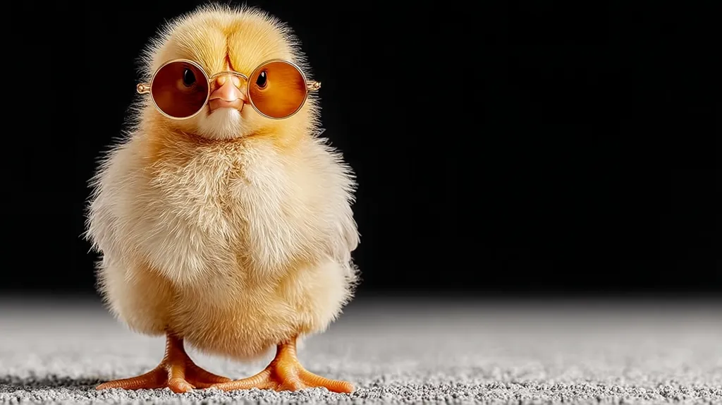 A fluffy yellow chick stands on a textured surface against a black background.  It's wearing oversized round, amber-tinted sunglasses, giving it a surprisingly sophisticated and comical appearance. The chick's small size and soft downy feathers contrast with the stylish eyewear, creating a humorous and endearing image.