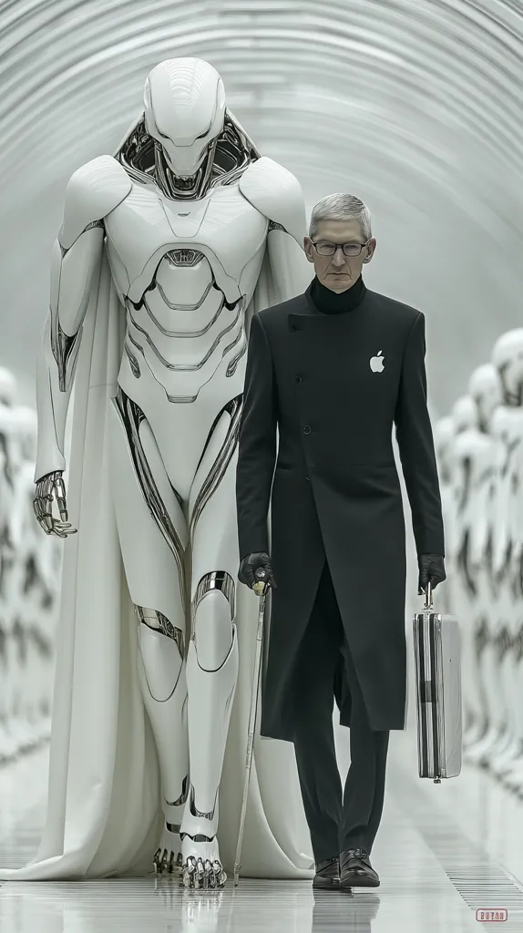 Tim Cook, CEO of Apple, strides confidently in a sleek black coat, an Apple logo subtly embroidered on the lapel.  He's accompanied by a towering, white humanoid robot, its polished chrome accents gleaming.  The futuristic setting, with rows of similar robots in the background, suggests a technologically advanced future where humans and advanced AI coexist.  The image evokes a sense of both power and perhaps an unsettling ambiguity about the future.