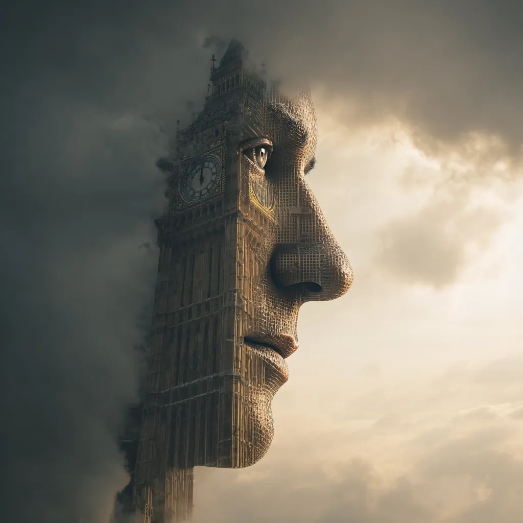A digital artwork depicts a face formed by the structure of Big Ben, partially obscured by a smoky, cloudy atmosphere.  The clock tower's architecture seamlessly blends with the facial features, creating a powerful juxtaposition of man-made structure and human form against a dramatic sky. The image evokes a sense of history, time, and the enduring nature of both humanity and iconic landmarks.