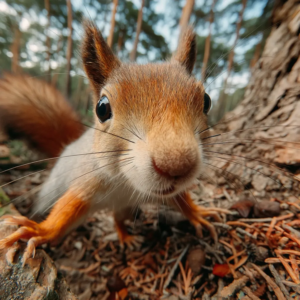 A close-up view of a red squirrel in a forest setting.  Its large, dark eyes and prominent nose are in sharp focus, creating an intimate and curious expression.  The squirrel's fur is a mix of reddish-brown and lighter shades, and its bushy tail is partially visible. The background is blurred, showcasing a forest floor of pine needles and twigs.