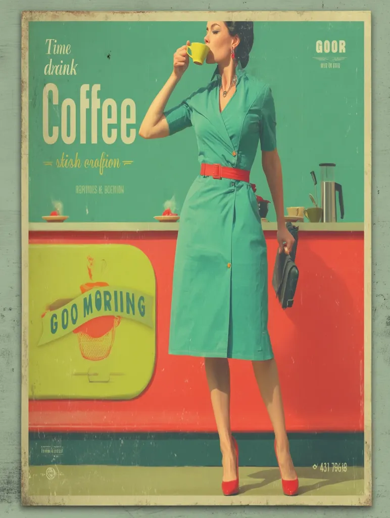 A vintage-style advertisement features a stylish woman in a teal dress and red heels, enjoying a cup of coffee. The text proclaims "Time drink Coffee," emphasizing a "stylish creation."  The retro design includes a coffee machine and a "Goo Morning" graphic, creating a nostalgic mood. The overall aesthetic evokes a mid-20th-century feel.