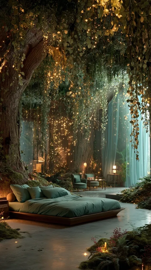 A bedroom nestled within a lush, enchanted forest.  String lights twinkle amongst the hanging vines and large trees, casting a warm glow on a low platform bed with teal bedding.  Nearby, two armchairs sit by a small table, adding to the cozy, magical atmosphere.  The scene is serene and fantastical, like something from a dream.