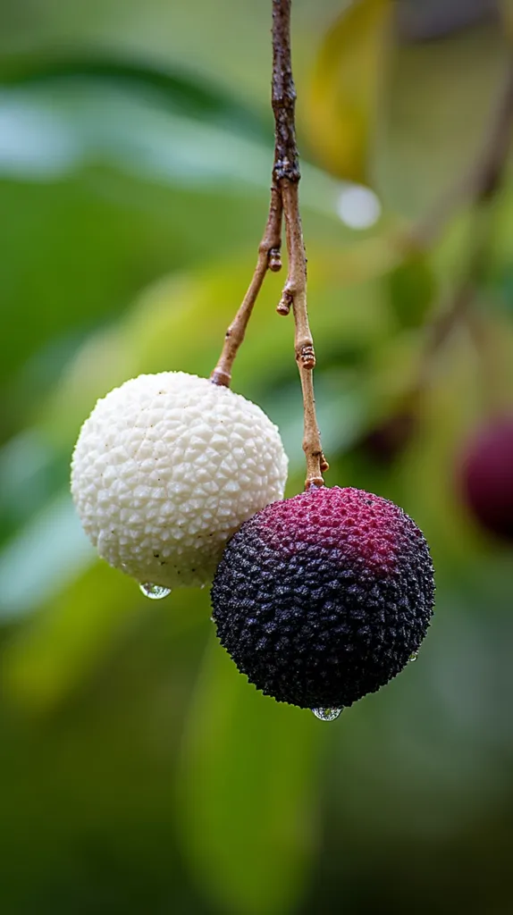 Two unique fruits hang from a slender branch, glistening with raindrops.  One is a pristine white, textured like a tiny globe, while the other is a striking dark purple-black.  They contrast beautifully against a blurred green background of foliage, creating a visually appealing image of nature's diversity.  The scene is peaceful and evokes a sense of serenity.