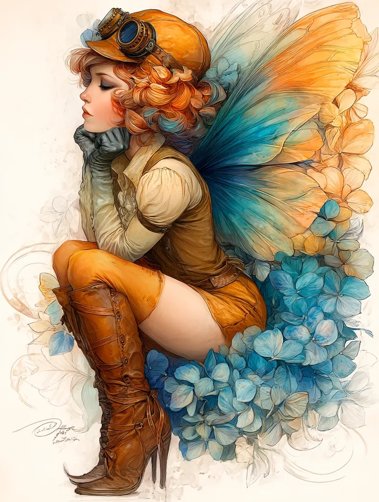 A whimsical illustration depicts a steampunk-inspired fairy.  She has fiery orange hair peeking from under a brown aviator cap, and large, intricately detailed brown leather boots.  Her wings are a blend of teal and orange, mirroring the hues of the hydrangeas she sits upon.  Her expression is pensive, her hand resting on her chin, creating a dreamy and melancholic atmosphere.  The overall style is delicate and detailed, blending fantasy and mechanical elements.